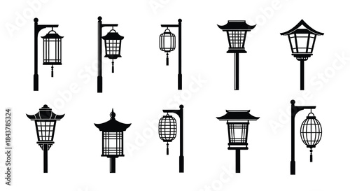 A collection of ornate black and white traditional asian style street lamps