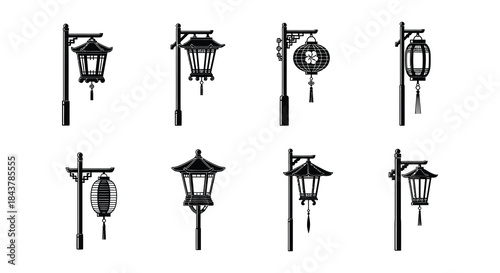 A collection of ornate black and white traditional asian style street lamps
