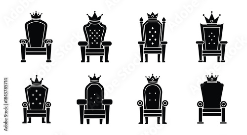 A collection of ornate black throne chair icons in varying styles