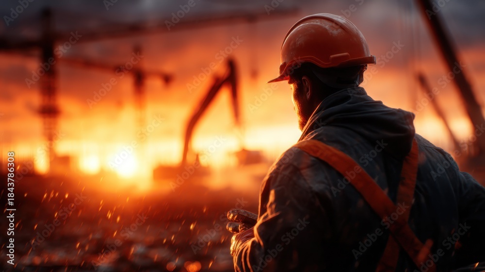 Naklejka premium Silhouetted against a dramatic sunset, a construction worker thoughtfully gazes over the site, symbolizing determination and resilience in the face of hard labor and challenges.