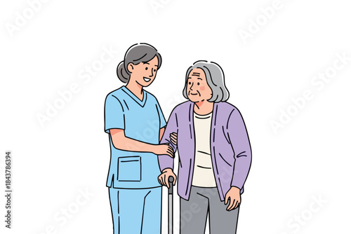 A caregiver assisting an elderly woman walking with a cane, smiling