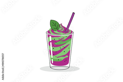 A vibrant smoothie in a tall glass, swirled greens and purples, leaf and straw