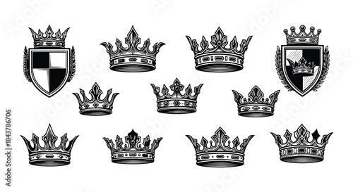 Collection of vintage royal crowns and heraldic shields in black and white