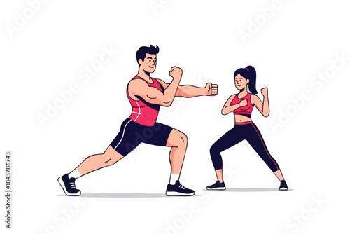 Two figures, a man and a woman in workout gear, performing boxing exercises