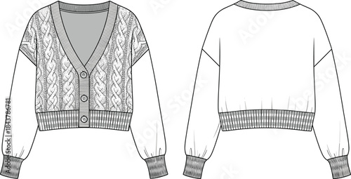 Cropped cable knit cardigan design, textured sweater fashion sketch, garment template outline with rib trims, sewing pattern drawing, cad drawing flat vector illustration