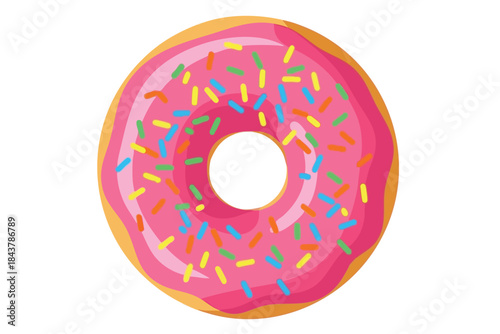 A glazed pink donut with colorful sprinkles, in a simple flat illustration