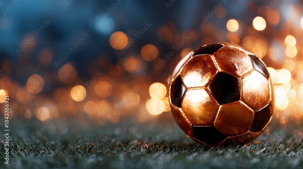 Fototapeta premium A close-up shot of a golden soccer ball shimmering against a bokeh backdrop, evoking excitement and passion for the sport, blending luxury with athleticism.