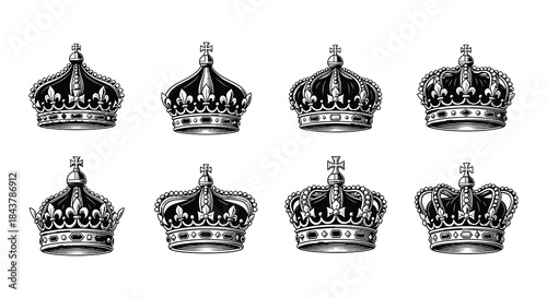 Collection of vintage royal crowns and heraldic shields in black and white