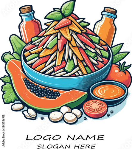 Olive oil bottle with fresh vegetables and salad