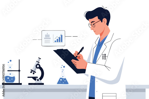 A lab worker records data, surrounded by equipment, with a graph displayed