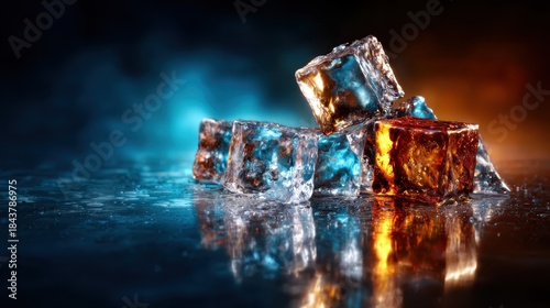 A close-up of various ice cubes artfully stacked, showcasing their transparency and reflection, capturing unique colors and light in a moody atmosphere.