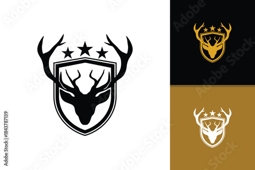 Deer head logo and shield silhouette vector

