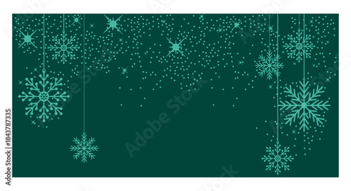 Hanging Snowflakes on Green Winter Background