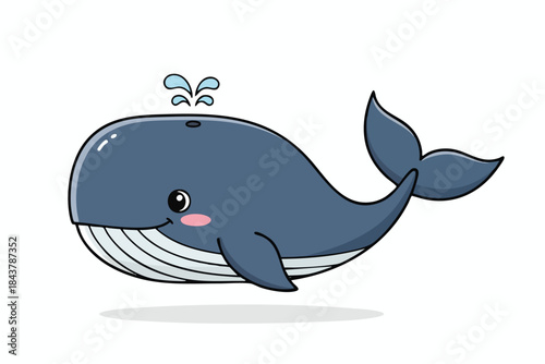 Cartoon whale character with water spout and blush on cheeks, floating in whitespace