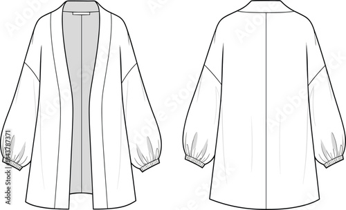 Loose fit cardigan template, kimono sleeve fashion sketch, garment sewing pattern outline, apparel design vector drawing, cad drawing flat vector illustration