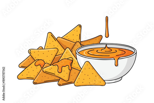 Illustration of a white bowl with cheese sauce next to a pile of golden tortilla chips