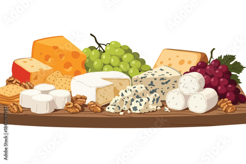 A vibrant illustration features various cheeses, grapes, walnuts and crackers on a wooden board