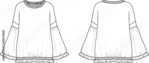 Loose ruffle sleeve blouse fashion sketch, stylish garment flat drawing, trendy women’s top design illustration, cad drawing flat vector illustration