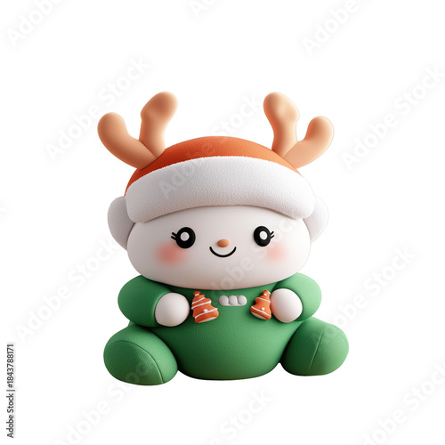 Cute Christmas Character with Antlers and Santa Hat in Green Outfit