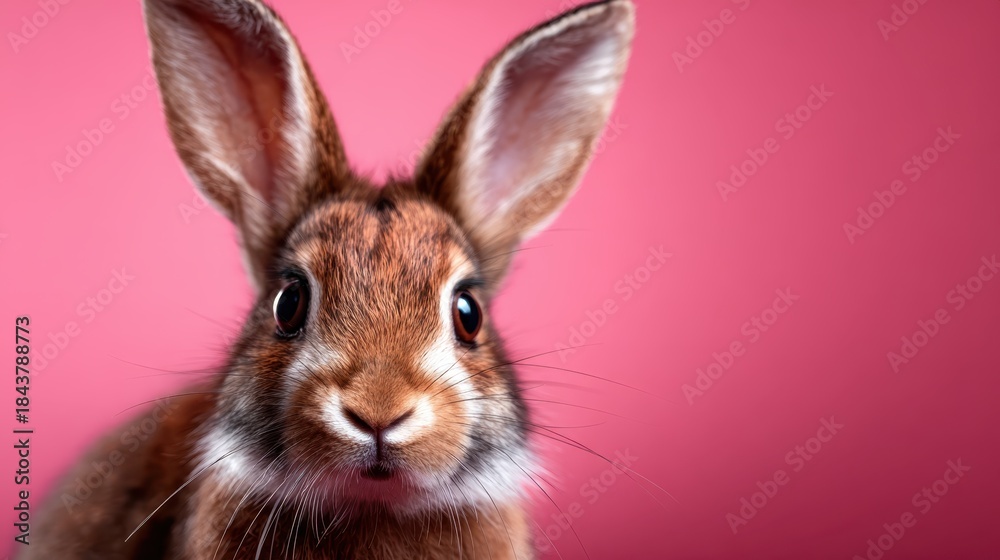 Obraz premium This charming close-up image showcases a rabbit against a vibrant pink background, capturing its endearing features and playful expression, ideal for animal lovers and creatives.