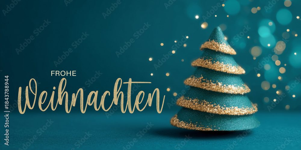Fototapeta premium Frohe Weihnachten Winter Konzept, Weihnachtskarte, Grußkarte, Karte mit deutschem Text - Abstrakter Weihnachtsbaum, Tannenbaum oder Christbaum, isoliert auf türkisem Hintergrund