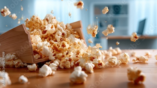 A captivating, close-up image of popcorn spilling out of a wooden bowl, showcasing the tasty, buttery snack that evokes feelings of fun and comfort during movie time.