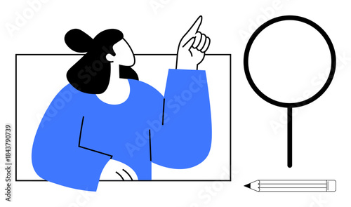 Search, education, research, analysis, problem-solving, tools for study. A woman points upward, alongside a magnifying glass and pencil. Search and education with clarity
