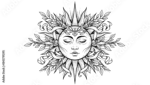 Detailed pencil sketch of a woman s face surrounded by ornate floral and leaf patterns