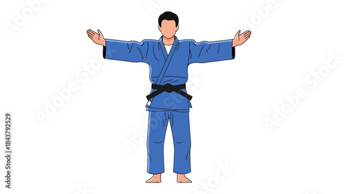 Martial Arts Practitioner in Blue Gi Showing Victory Pose