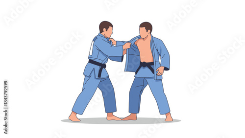 Martial arts practitioners demonstrating a wrestling technique in a training session