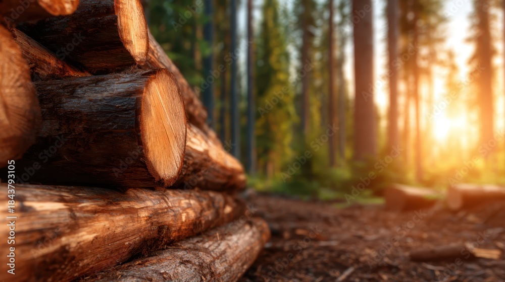 custom made wallpaper toronto digitalA beautiful forest scene showcasing neatly stacked logs, bathed in warm sunlight filtering through the trees, emphasizing the connection between nature and human craftsmanship.