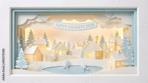 Pastel Paper Craft Winter Landscape with Ice Skating Rink and 2026 Greeting