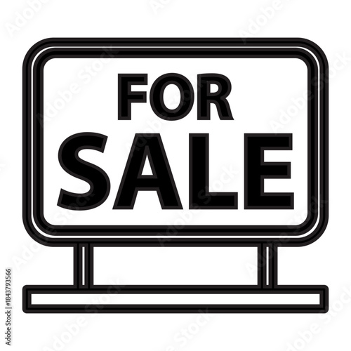 Outline image of a "For Sale" sign features a rectangular sign with rounded corners, aided by a base. The words "FOR SALE" are written across the sign, related to real estate, commerce, advertising