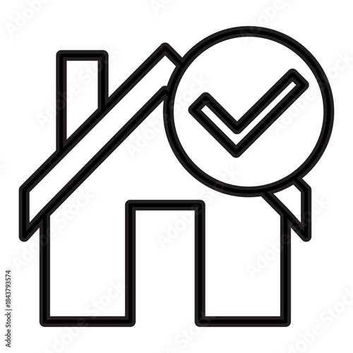Outline drawing of a house with a classic shape, a pitched roof, and a chimney. Represents the concept of a property being approved, verified, or successfully completed. Related to real estate, status