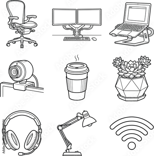 Modern Home Office Line Icons Set Remote Work Workspace Equipment