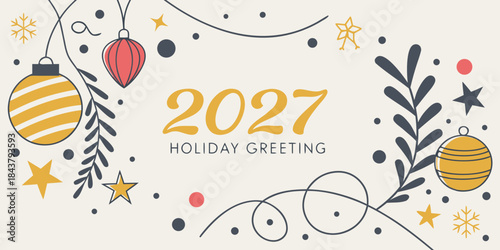 2027 Holiday Greeting Card – Ornaments, Stars, Snowflakes & Foliage in Gold, Red, Black & White Festive Design