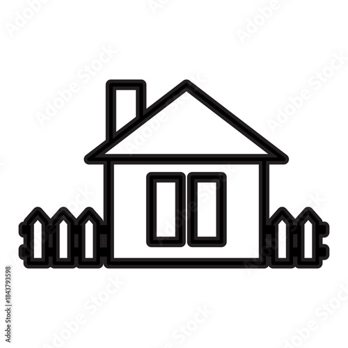Outline drawing of a classic house with a pitched roof, a chimney, and two rectangular windows with a traditional picket fence. Related to property boundaries, home security, or suburban living