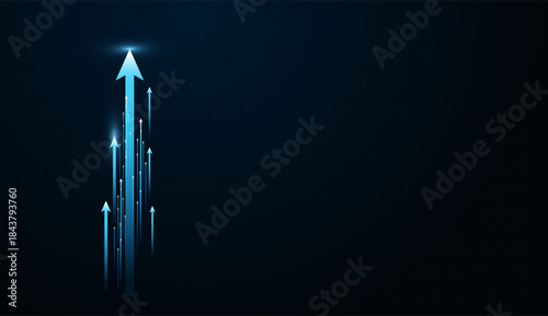 A cluster of glowing blue arrows rockets upward, symbolizing rapid financial growth and digital innovation. Digital blue growth up arrows on the technology background