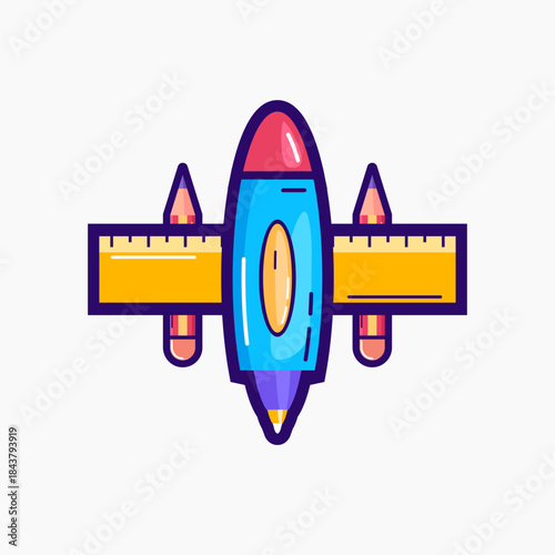 Education illustration of a paper plane made from pencil, ruler, and stationery elements. Represents learning, creativity, imagination, and school concepts. Suitable for educational content, education