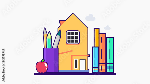 Education illustration featuring school house, books, stationery, pencils, ruler, and apple. Suitable for learning concepts, classroom materials, educational websites, presentations, explainer content