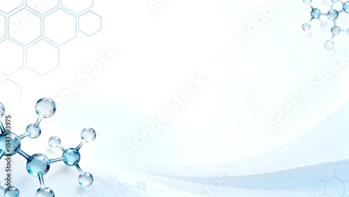 Light blue scientific background with transparent 3D molecular spheres, hexagon outlines, and soft wave gradients. Spacious copy area for medical, biotech, chemistry, and pharmaceutical presentations.