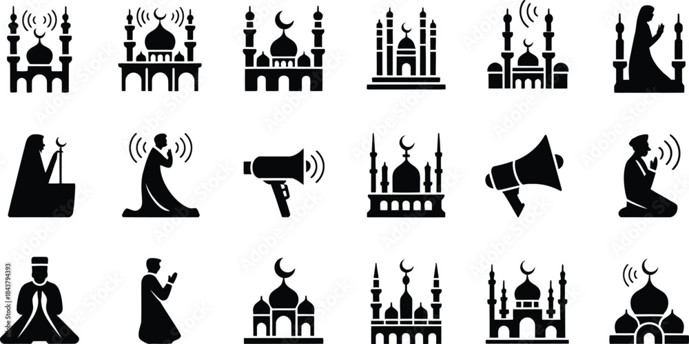 Naklejka premium Islamic prayer and mosque icons set in black silhouette style for religious themes