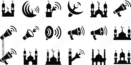 Set of islamic call to prayer icons: mosque, megaphone, and sound symbols