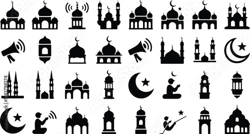 A collection of black silhouette icons representing islamic and muslim cultural elements