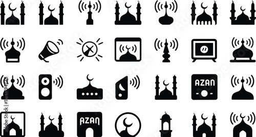 Mosque and minaret azan broadcast icon collection illustrating islamic prayer call signals