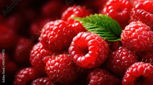 A close-up of lush, ripe raspberries adorned with a vibrant green leaf. This image captures the essence of freshness and the beauty of nature's bounty in bright detail.