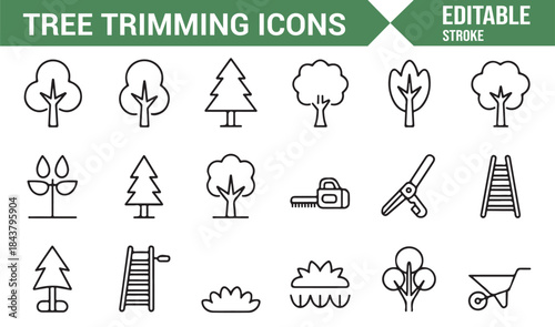 Tree care pruning and gardening editable linear icons