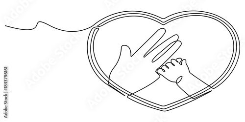 One continuous line drawing of baby kid hand holding mom dad parents hands. son daughter grab mommy daddy hand. family doodle outline art line vector illustration