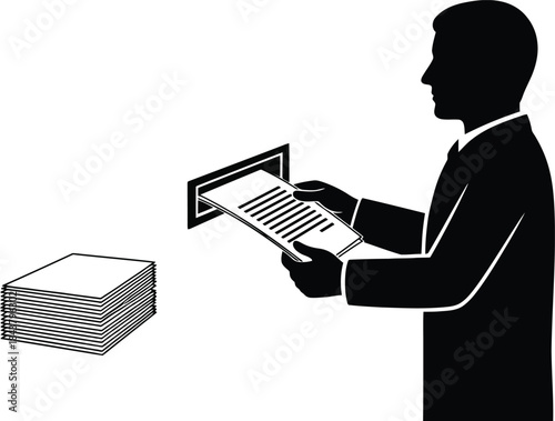 Businessman inserting document into slot with stack of papers nearby, black and white silhouette illustration