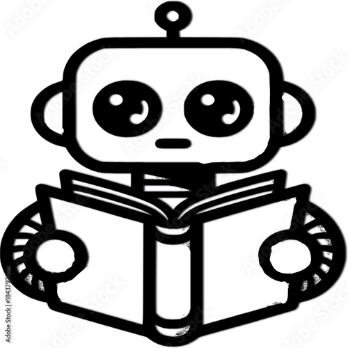 Curious Robot Reading: A charming robot engrossed in the pages of a book, head adorned with an antenna
